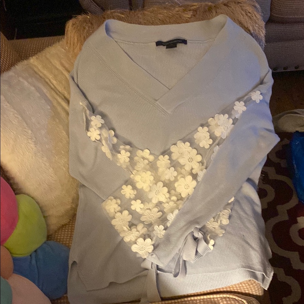 French Connection Blue and White V-Neck Sweater with Floral Details
